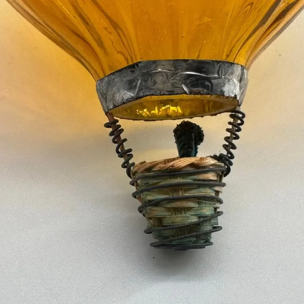 Amber Blown Glass Hot Air Balloon Hanging Ornament Wire Woven Basket Art Glass